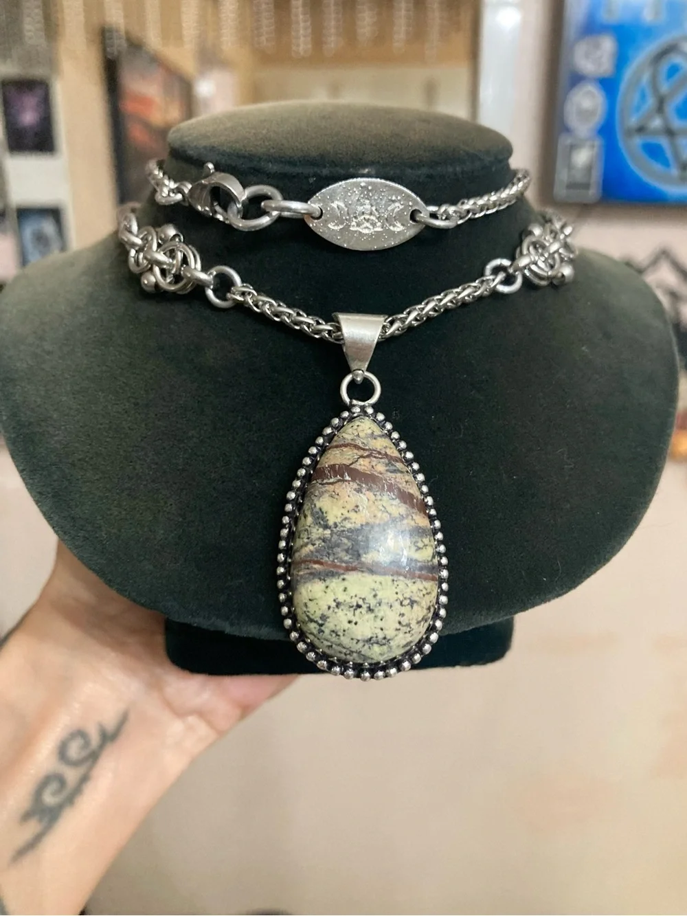 Jasper zebra gemstone Celtic knot steel boho chain necklace